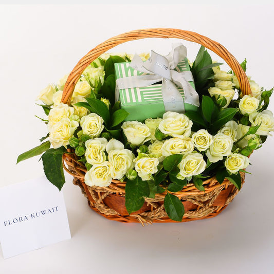 White Baby Roses and Patchi Chocolate in Basket