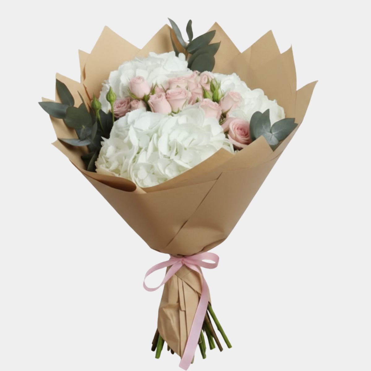 White Hydrangea & Peach Rose Hand Bouquet