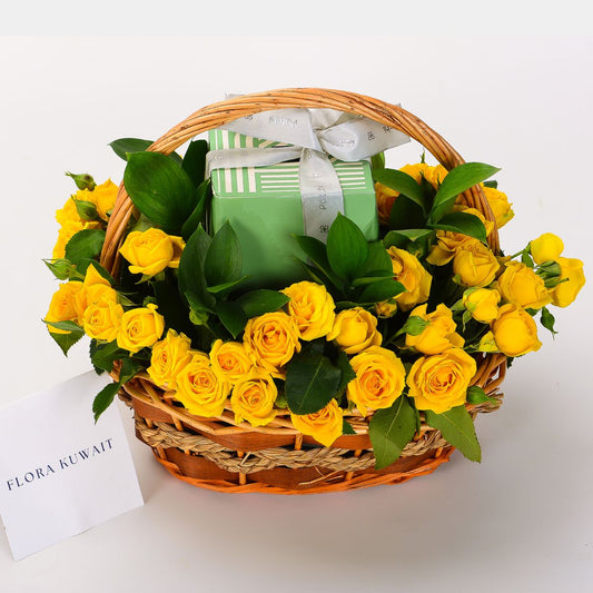 Yellow Baby Roses and Patchi Chocolate in Basket